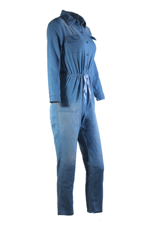  Euramerican Turndown Collar Blue Denim One-piece Jumpsuits