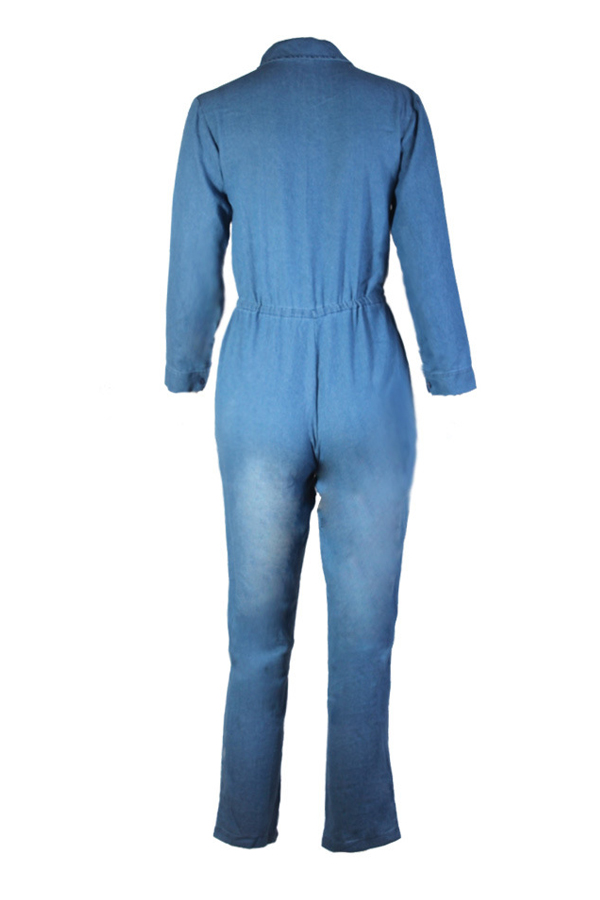  Euramerican Turndown Collar Blue Denim One-piece Jumpsuits