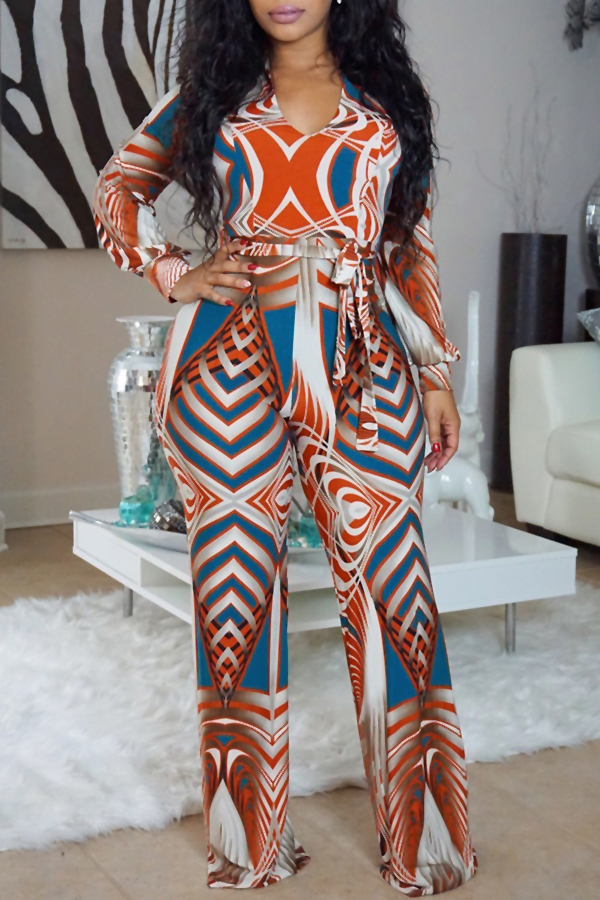  Euramerican V Neck Printed Orange Cotton Blends One-piece Jumpsuits