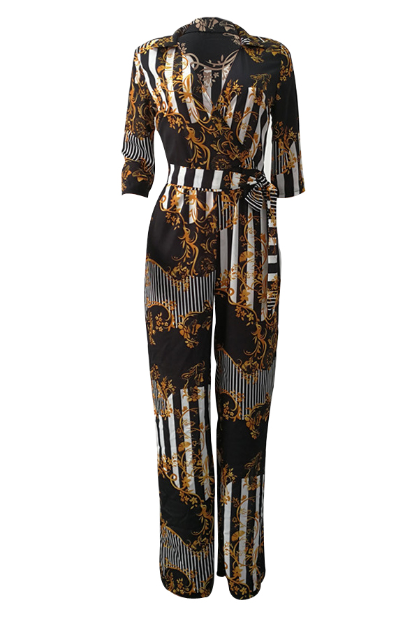  Euramerican V Neck Printed Polyester One-piece Jumpsuits