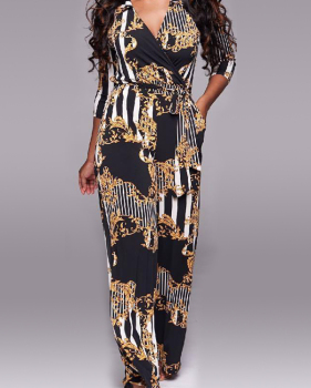  Euramerican V Neck Printed Polyester One-piece Jumpsuits