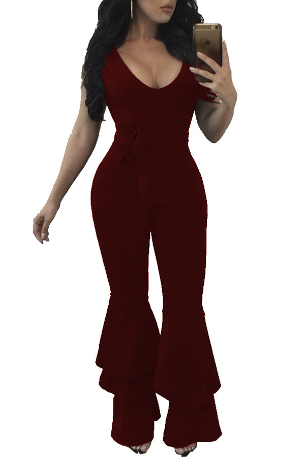  Euramerican V Neck Zipper Design Wine Red Polyester One-piece Jumpsuits