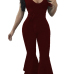  Euramerican V Neck Zipper Design Wine Red Polyester One-piece Jumpsuits