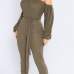  Fashion Bateau Neck Lantern Sleeves Army Green Polyester One-piece Jumpsuits(With Belt)