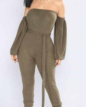  Fashion Bateau Neck Lantern Sleeves Army Green Polyester One-piece Jumpsuits(With Belt)