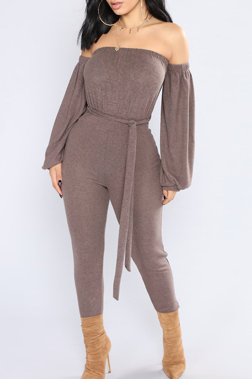  Fashion Bateau Neck Lantern Sleeves Grey Polyester One-piece Jumpsuits(With Belt)