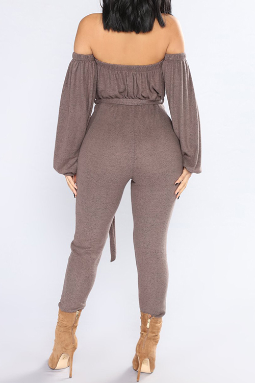  Fashion Bateau Neck Lantern Sleeves Grey Polyester One-piece Jumpsuits(With Belt)