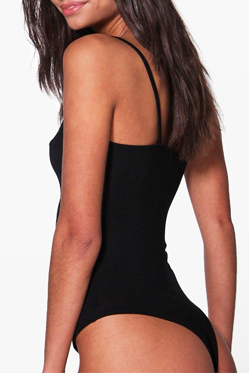  Fashion Spaghetti Strap Sleeveless Black Cotton Blends One-piece Bodysuits