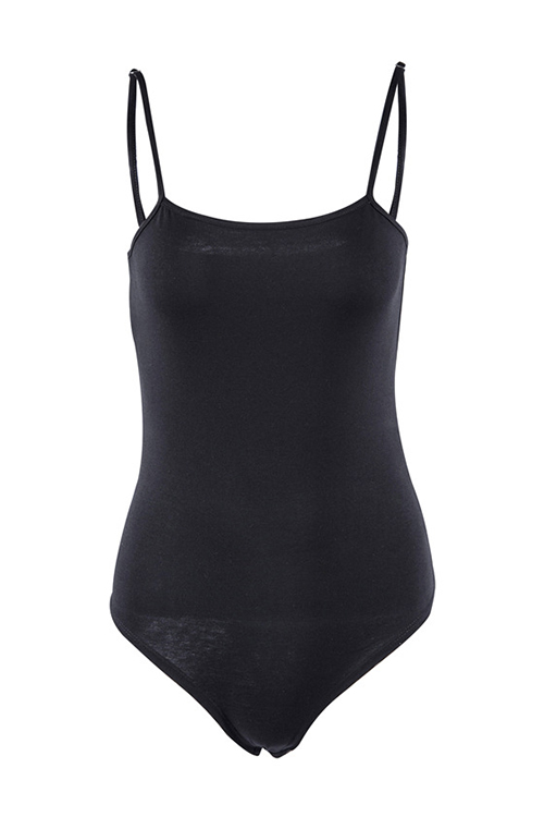  Fashion Spaghetti Strap Sleeveless Black Cotton Blends One-piece Bodysuits