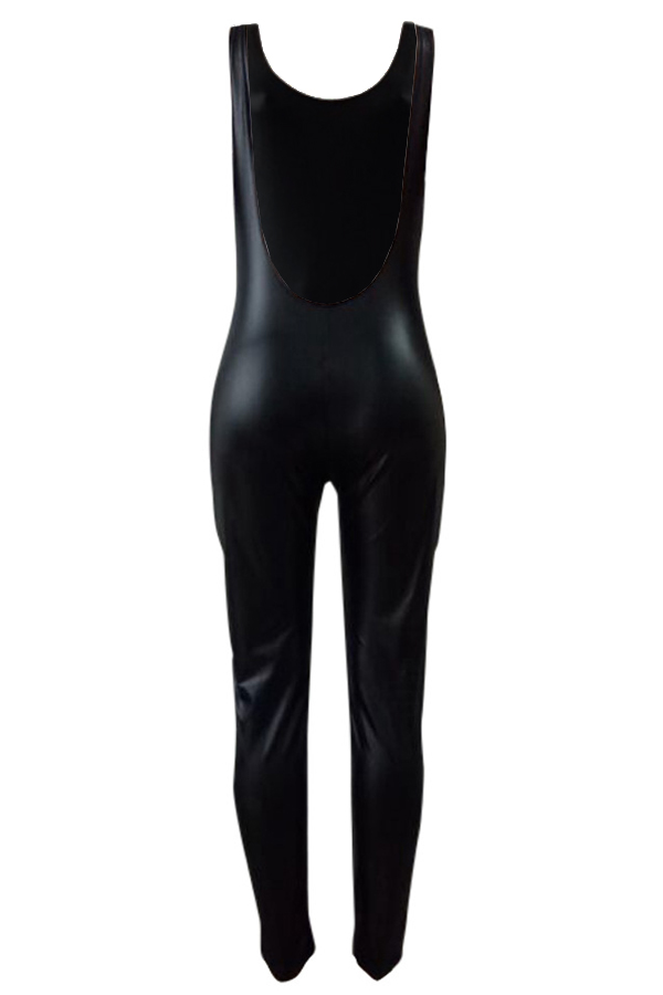  Fashion U Neck Backless Black Leather One-piece Jumpsuits