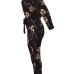  Fashion V Neck Floral Print Black Polyester One-piece Jumpsuits