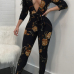  Fashion V Neck Floral Print Black Polyester One-piece Jumpsuits