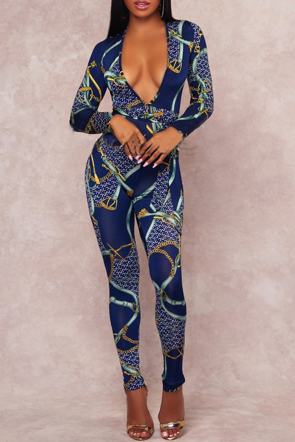  Fashionable Deep V Neck Printed Blue Polyester One-piece Jumpsuits