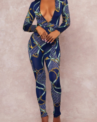  Fashionable Deep V Neck Printed Blue Polyester One-piece Jumpsuits