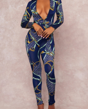  Fashionable Deep V Neck Printed Blue Polyester One-piece Jumpsuits