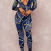  Fashionable Deep V Neck Printed Blue Polyester One-piece Jumpsuits