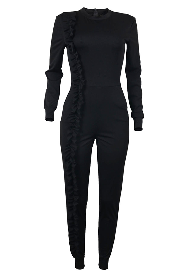  Fashionable Round Neck Ruffle Patchwork Black Polyester One-piece Jumpsuits