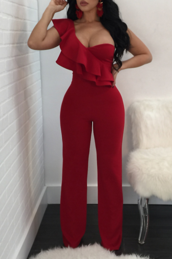  Fashionable Show A Shoulder Ruffles Design Red Polyester One-piece Jumpsuits