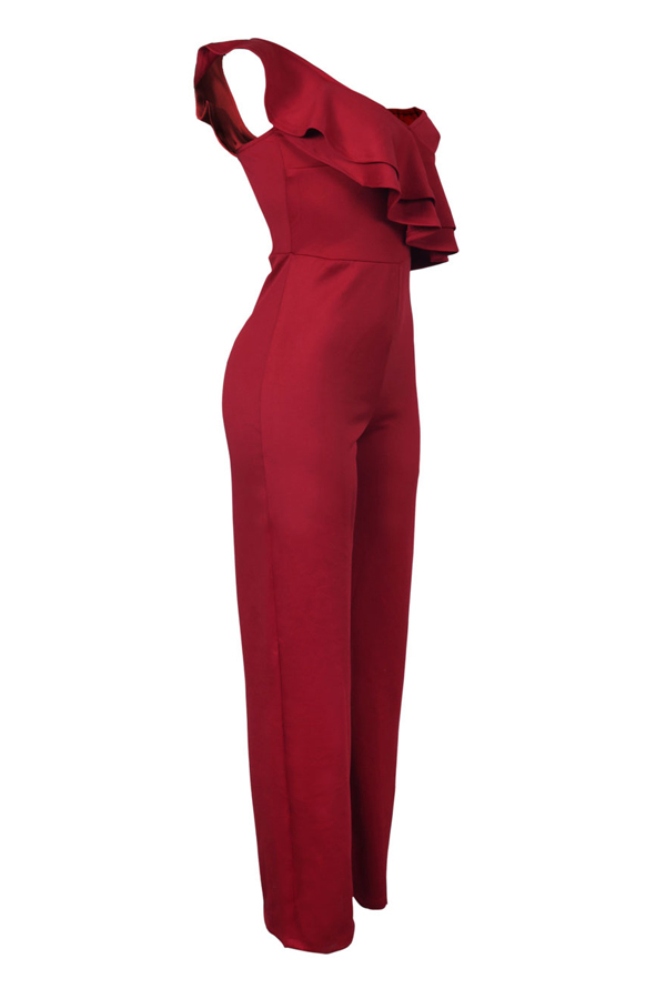  Fashionable Show A Shoulder Ruffles Design Red Polyester One-piece Jumpsuits