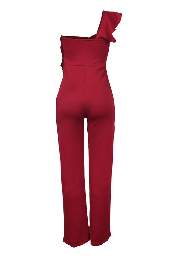  Fashionable Show A Shoulder Ruffles Design Red Polyester One-piece Jumpsuits