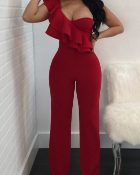  Fashionable Show A Shoulder Ruffles Design Red Polyester One-piece Jumpsuits