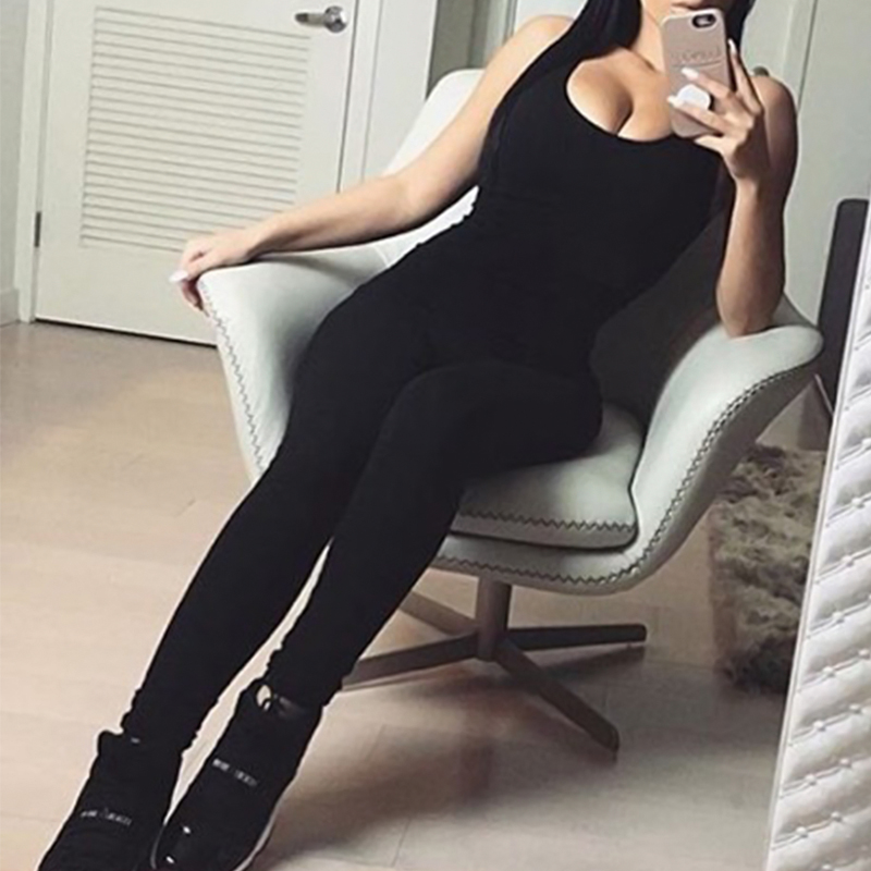  Fashionable Spaghetti Strap Sleeveless Black Polyester One-piece Jumpsuits