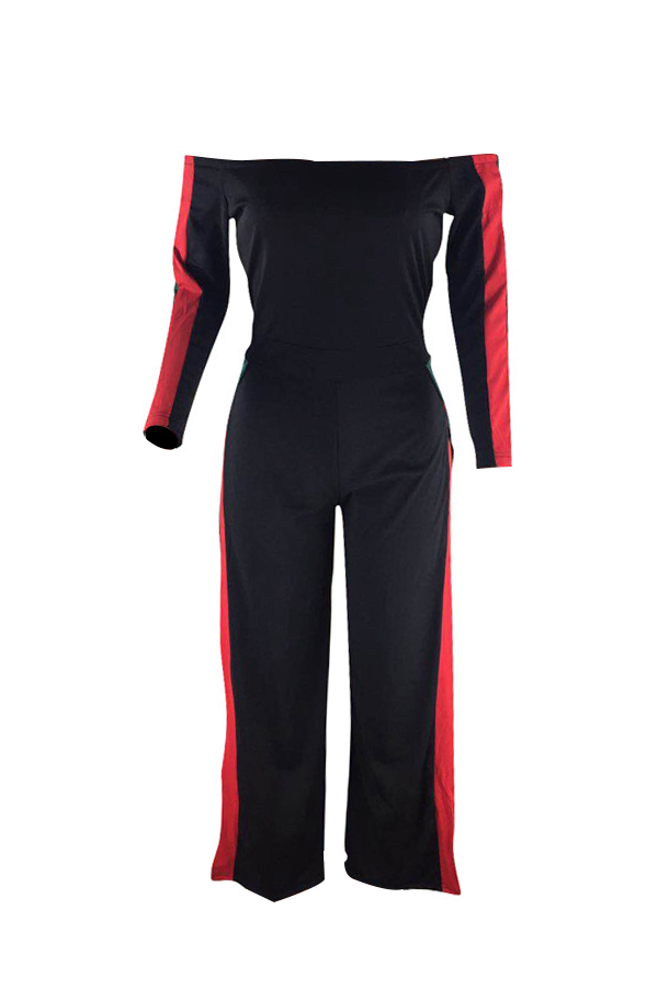  Leisure Bateau Neck Slit Design Black Polyester One-piece Jumpsuits