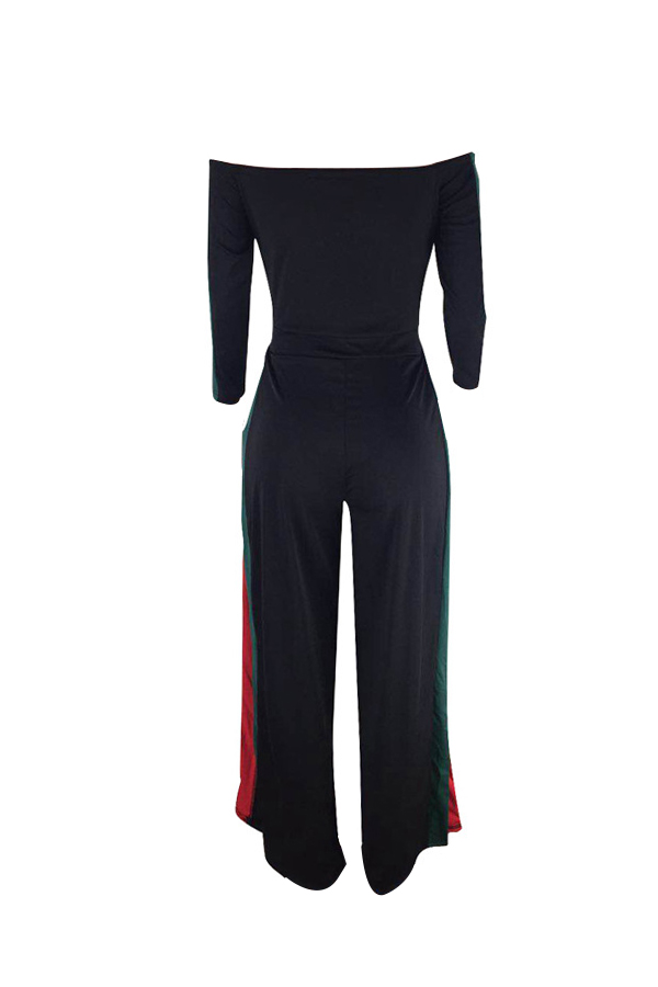  Leisure Bateau Neck Slit Design Black Polyester One-piece Jumpsuits