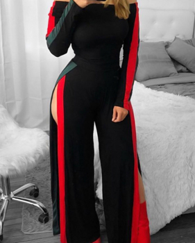  Leisure Bateau Neck Slit Design Black Polyester One-piece Jumpsuits