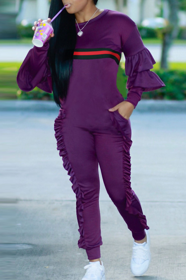  Leisure Round Neck Ruffles Patchwork Purple Polyester One-piece Jumpsuits