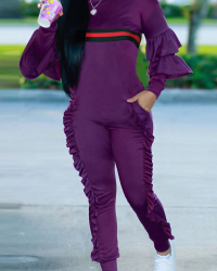  Leisure Round Neck Ruffles Patchwork Purple Polyester One-piece Jumpsuits