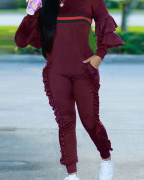  Leisure Round Neck Ruffles Patchwork Purplish Red Polyester One-piece Jumpsuits