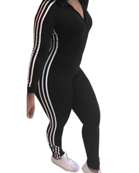  Leisure Striped Patchwork Black Polyester One-piece Jumpsuits