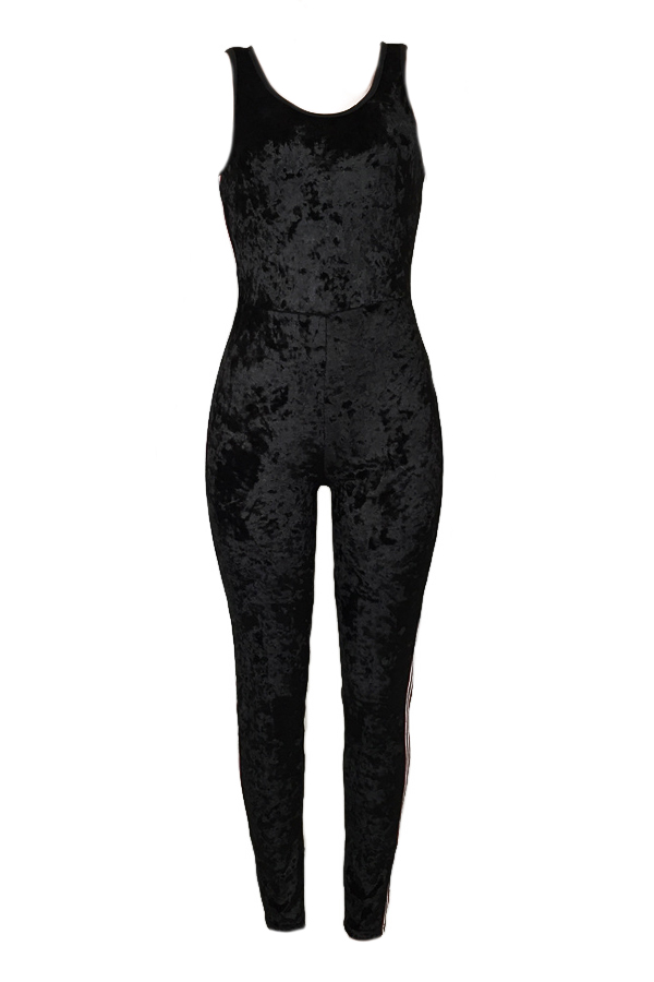  Leisure U-shaped Neck Patchwork Black Velvet One-piece Jumpsuits