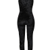  Leisure U-shaped Neck Patchwork Black Velvet One-piece Jumpsuits