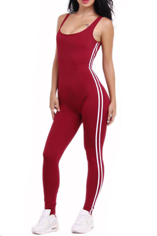  Leisure U-shaped Neck Sleeveless Patchwork Red Qmilch One-piece Skinny Jumpsuits