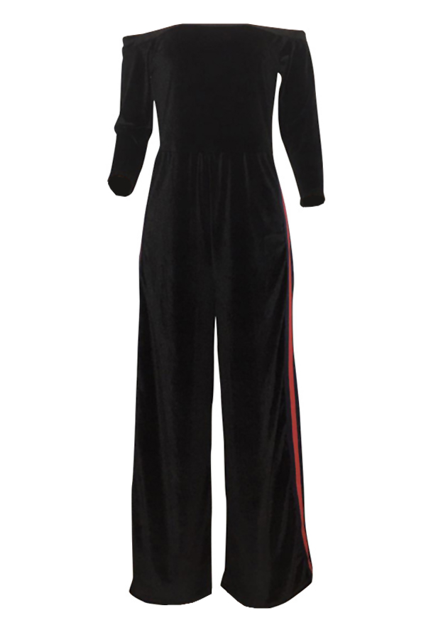  Sexy Bateau Neck Side Slit Black Velvet One-piece Jumpsuits(Without Choker)