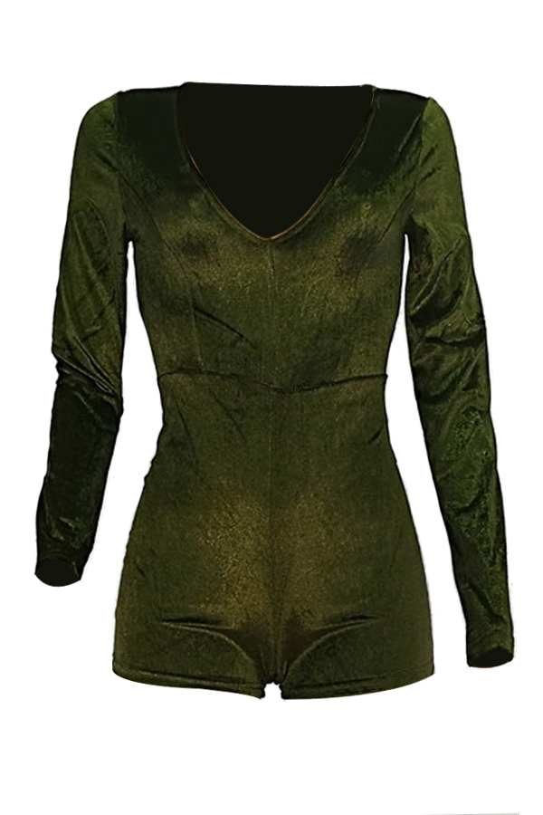  Sexy Deep V Neck Army Green Velvet One-piece Jumpsuits