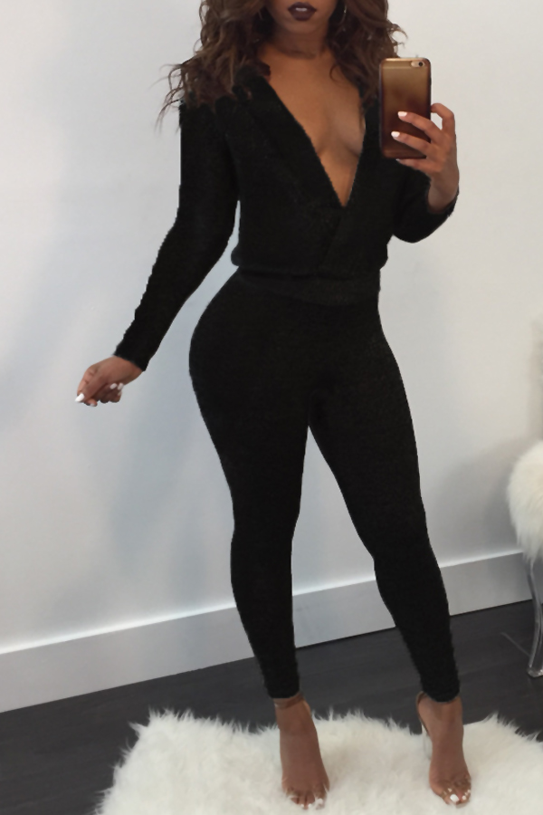  Sexy Deep V Neck Back Hollow-out Black Polyester One-piece Jumpsuits