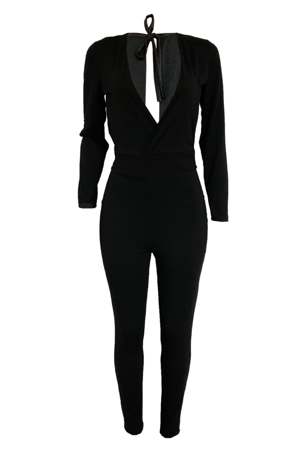  Sexy Deep V Neck Back Hollow-out Black Polyester One-piece Jumpsuits