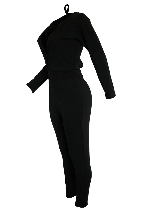  Sexy Deep V Neck Back Hollow-out Black Polyester One-piece Jumpsuits