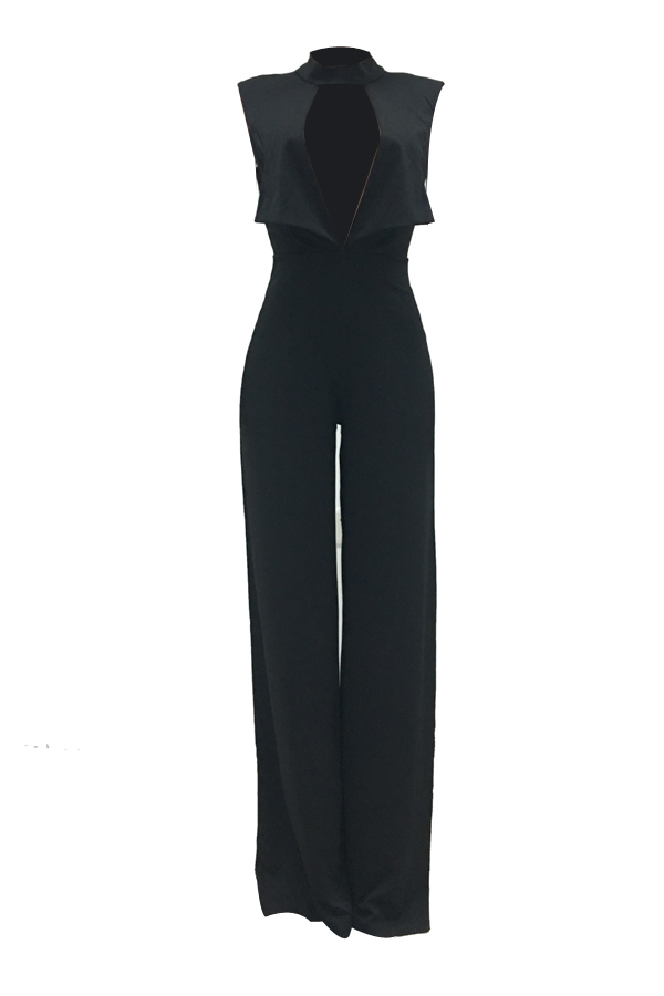  Sexy Deep V Neck Backless Black Polyester One-piece Jumpsuits