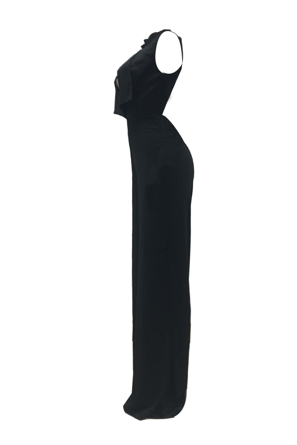  Sexy Deep V Neck Backless Black Polyester One-piece Jumpsuits