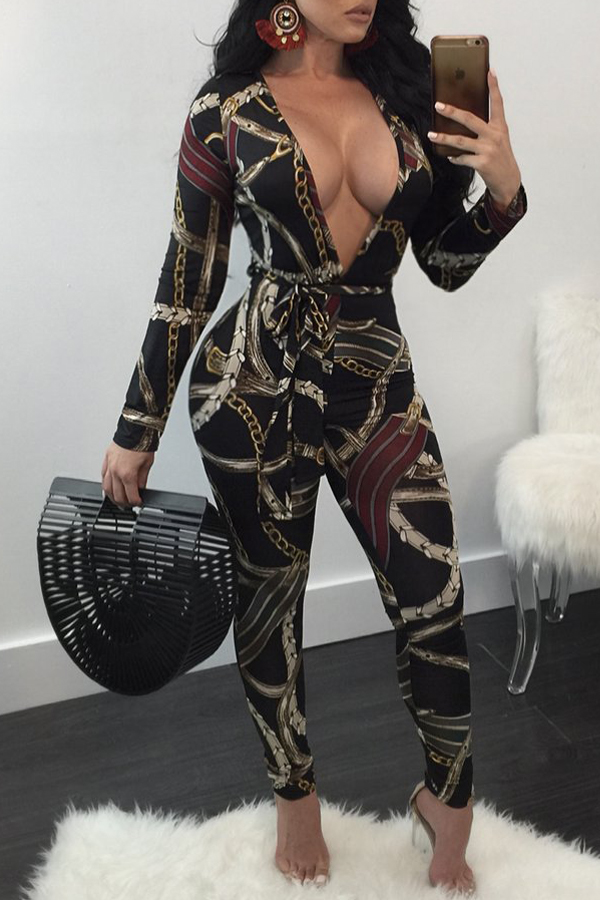  Sexy Deep V Neck Floral Print Black Polyester One-piece Jumpsuits