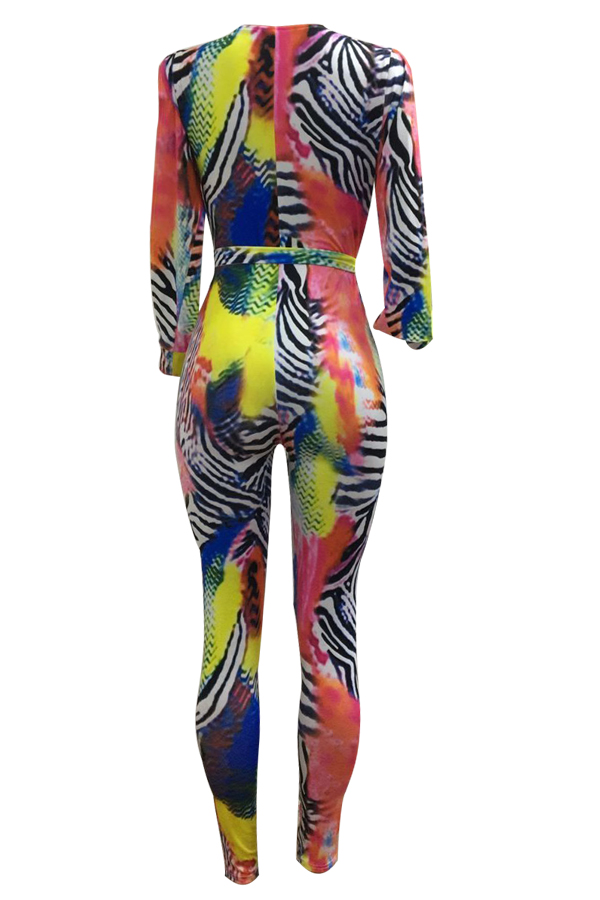  Sexy Deep V Neck Hollow-out Printed Polyester One-piece Jumpsuits