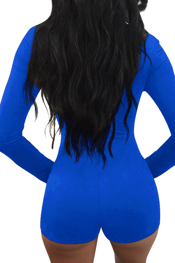  Sexy Deep V Neck Lace-up Hollow-out Blue Polyester One-piece Jumpsuits