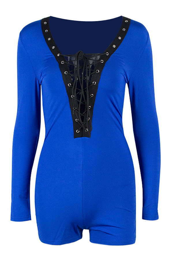  Sexy Deep V Neck Lace-up Hollow-out Blue Polyester One-piece Jumpsuits