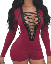  Sexy Deep V Neck Lace-up Hollow-out Wine Red Polyester One-piece Jumpsuits