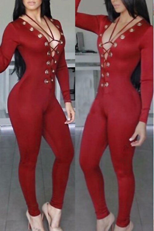  Sexy Deep V Neck Lace-up Red Polyester One-piece Jumpsuits