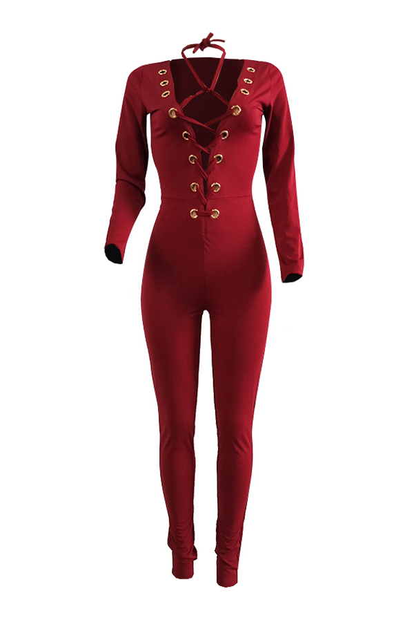  Sexy Deep V Neck Lace-up Red Polyester One-piece Jumpsuits